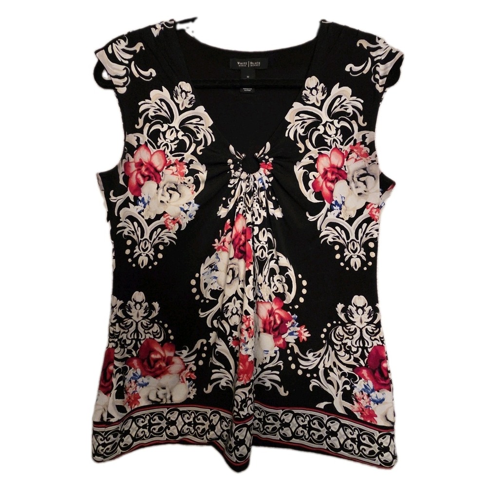 White House Black Market Paisley Floral Roses Tank Blouse Sexy Medium Boho Top